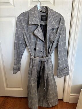 Brand New Dynamite Grey Plaid Belted Trench
